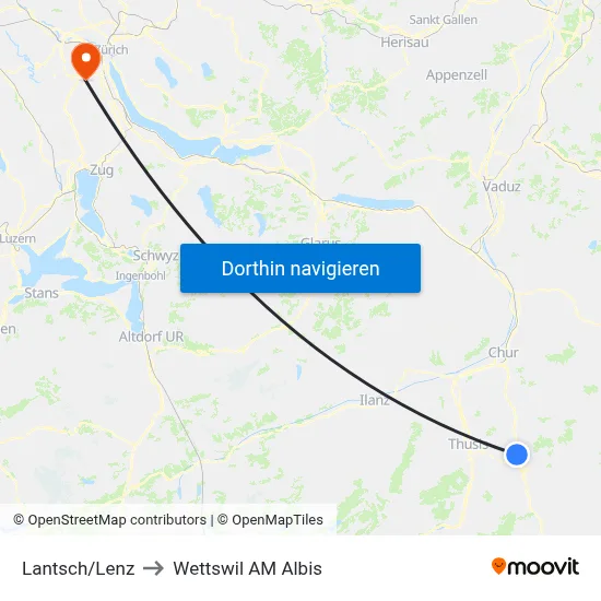 Lantsch/Lenz to Wettswil AM Albis map