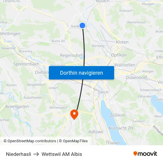 Niederhasli to Wettswil AM Albis map