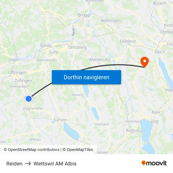 Reiden to Wettswil AM Albis map