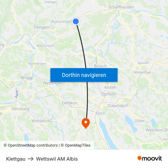 Klettgau to Wettswil AM Albis map