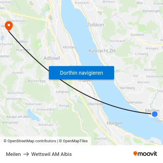 Meilen to Wettswil AM Albis map