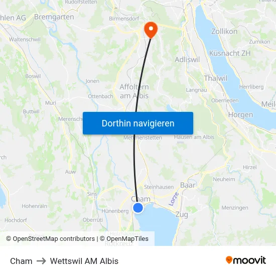 Cham to Wettswil AM Albis map