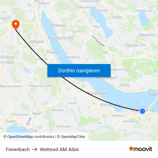 Freienbach to Wettswil AM Albis map