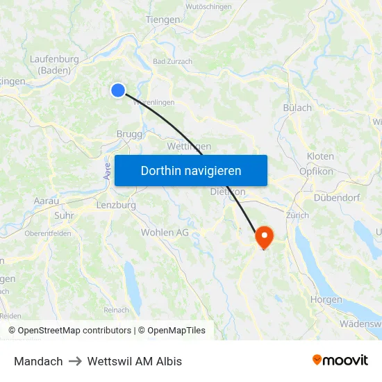 Mandach to Wettswil AM Albis map
