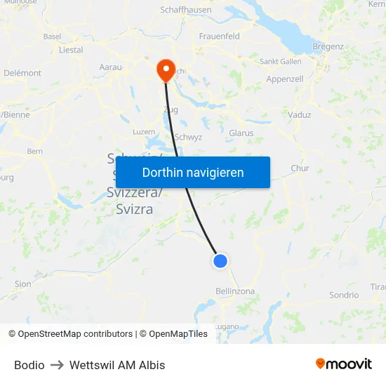 Bodio to Wettswil AM Albis map