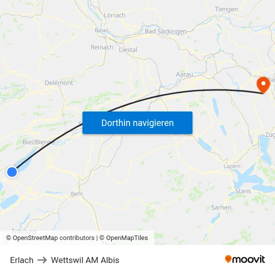 Erlach to Wettswil AM Albis map