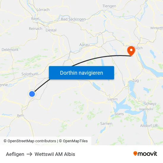 Aefligen to Wettswil AM Albis map