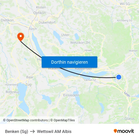 Benken (Sg) to Wettswil AM Albis map