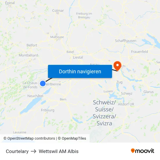Courtelary to Wettswil AM Albis map