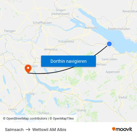 Salmsach to Wettswil AM Albis map