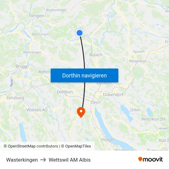 Wasterkingen to Wettswil AM Albis map