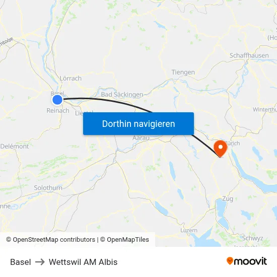 Basel to Wettswil AM Albis map