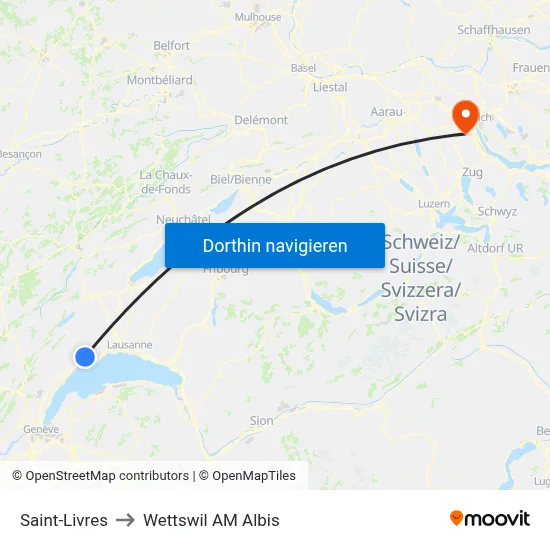 Saint-Livres to Wettswil AM Albis map