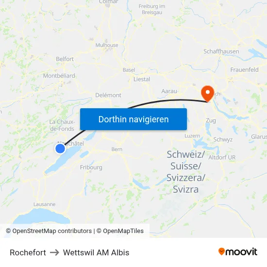 Rochefort to Wettswil AM Albis map