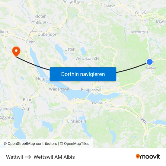 Wattwil to Wettswil AM Albis map