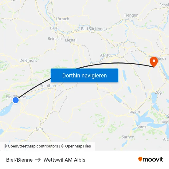 Biel/Bienne to Wettswil AM Albis map
