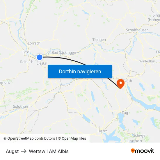 Augst to Wettswil AM Albis map