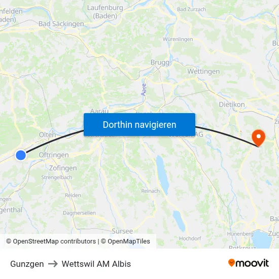 Gunzgen to Wettswil AM Albis map