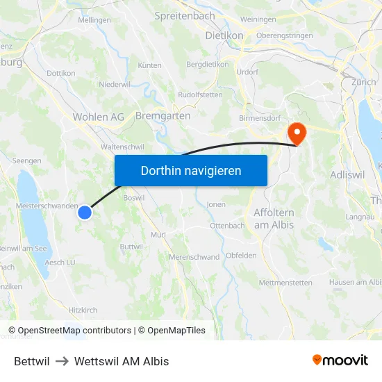 Bettwil to Wettswil AM Albis map