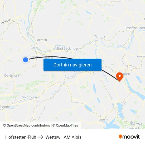 Hofstetten-Flüh to Wettswil AM Albis map