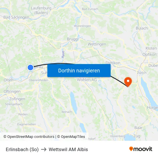 Erlinsbach (So) to Wettswil AM Albis map