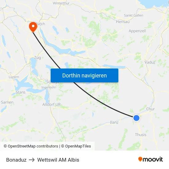 Bonaduz to Wettswil AM Albis map