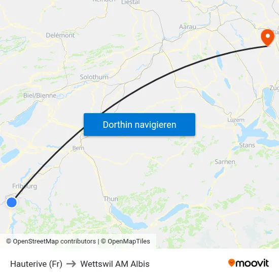 Hauterive (Fr) to Wettswil AM Albis map