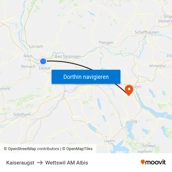 Kaiseraugst to Wettswil AM Albis map