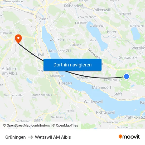 Grüningen to Wettswil AM Albis map