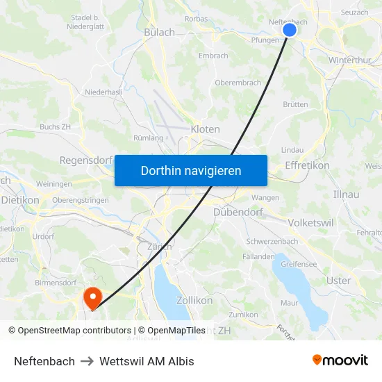 Neftenbach to Wettswil AM Albis map
