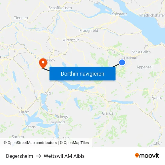Degersheim to Wettswil AM Albis map
