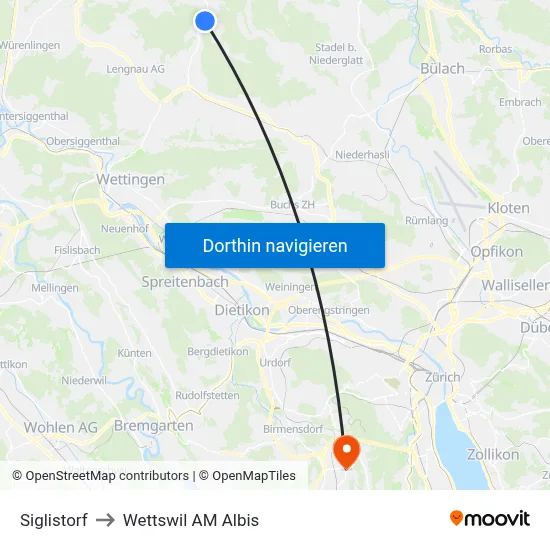Siglistorf to Wettswil AM Albis map