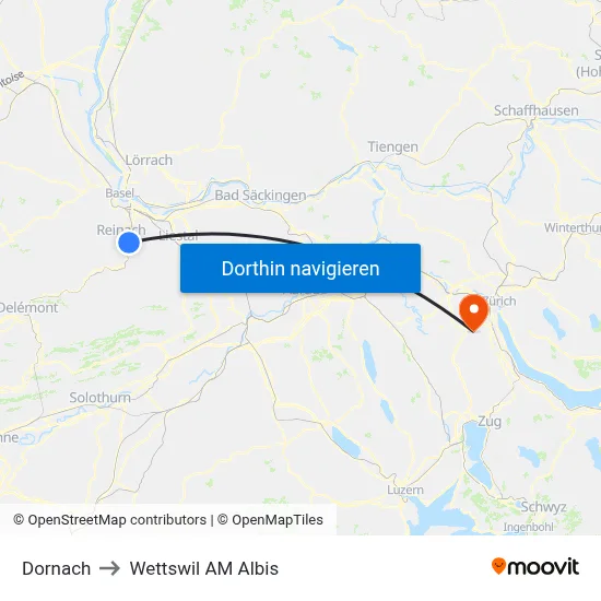 Dornach to Wettswil AM Albis map