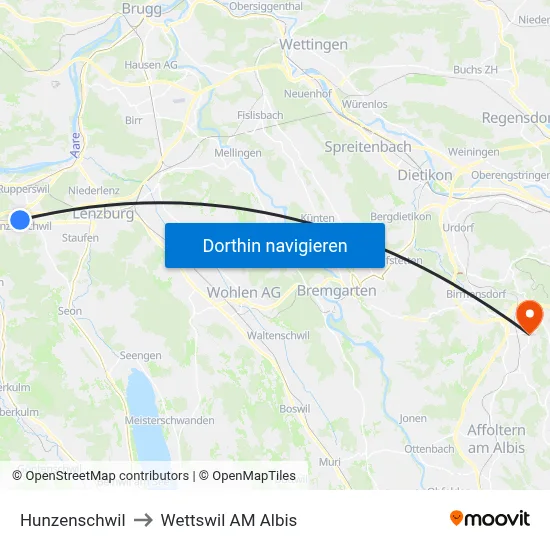Hunzenschwil to Wettswil AM Albis map