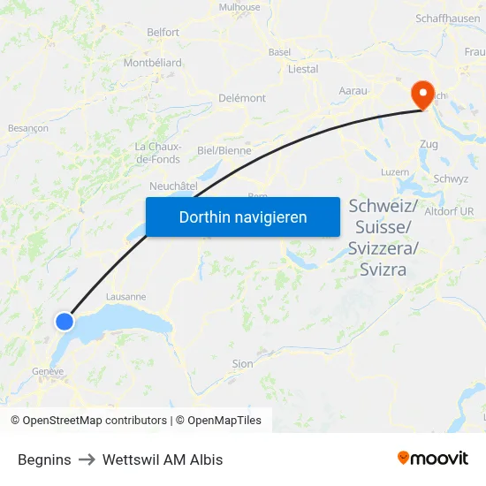 Begnins to Wettswil AM Albis map