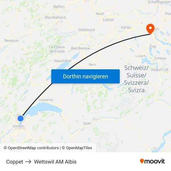 Coppet to Wettswil AM Albis map