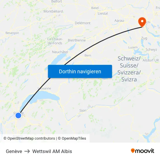 Genève to Wettswil AM Albis map