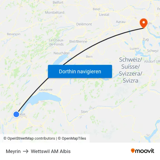 Meyrin to Wettswil AM Albis map