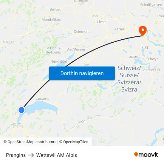 Prangins to Wettswil AM Albis map