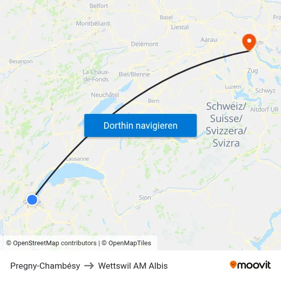 Pregny-Chambésy to Wettswil AM Albis map