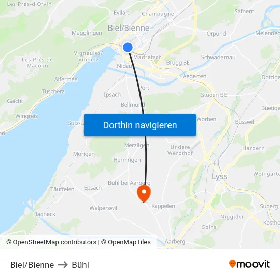 Biel/Bienne to Bühl map