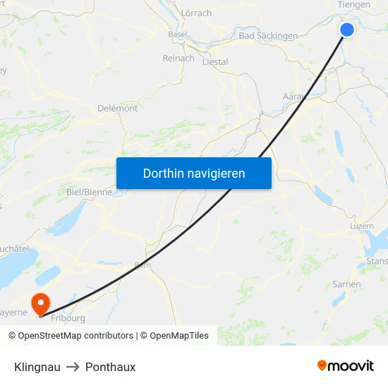Klingnau to Ponthaux map