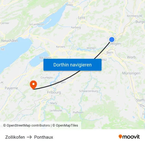 Zollikofen to Ponthaux map