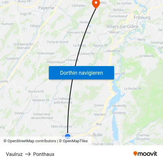 Vaulruz to Ponthaux map