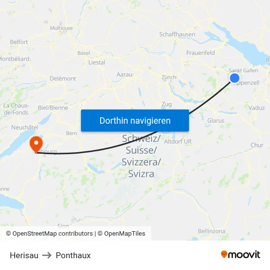 Herisau to Ponthaux map