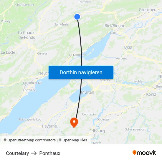 Courtelary to Ponthaux map