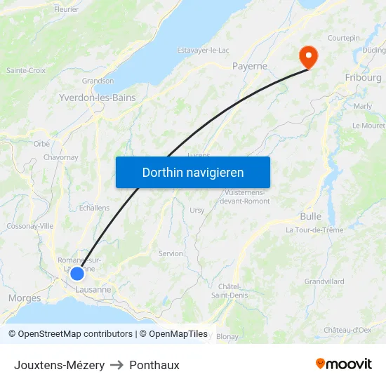 Jouxtens-Mézery to Ponthaux map