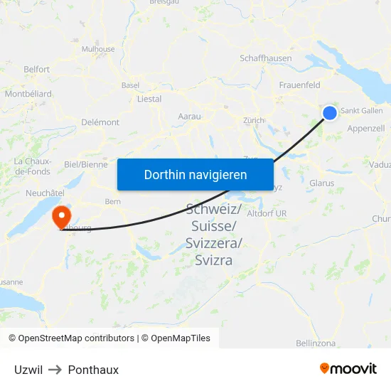 Uzwil to Ponthaux map