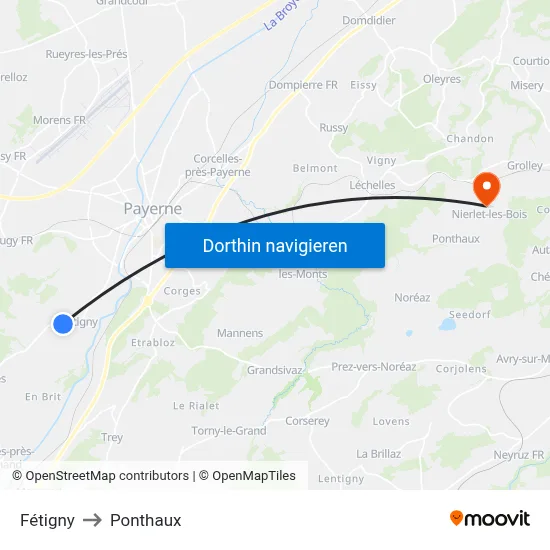 Fétigny to Ponthaux map