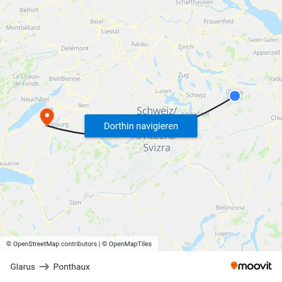 Glarus to Ponthaux map